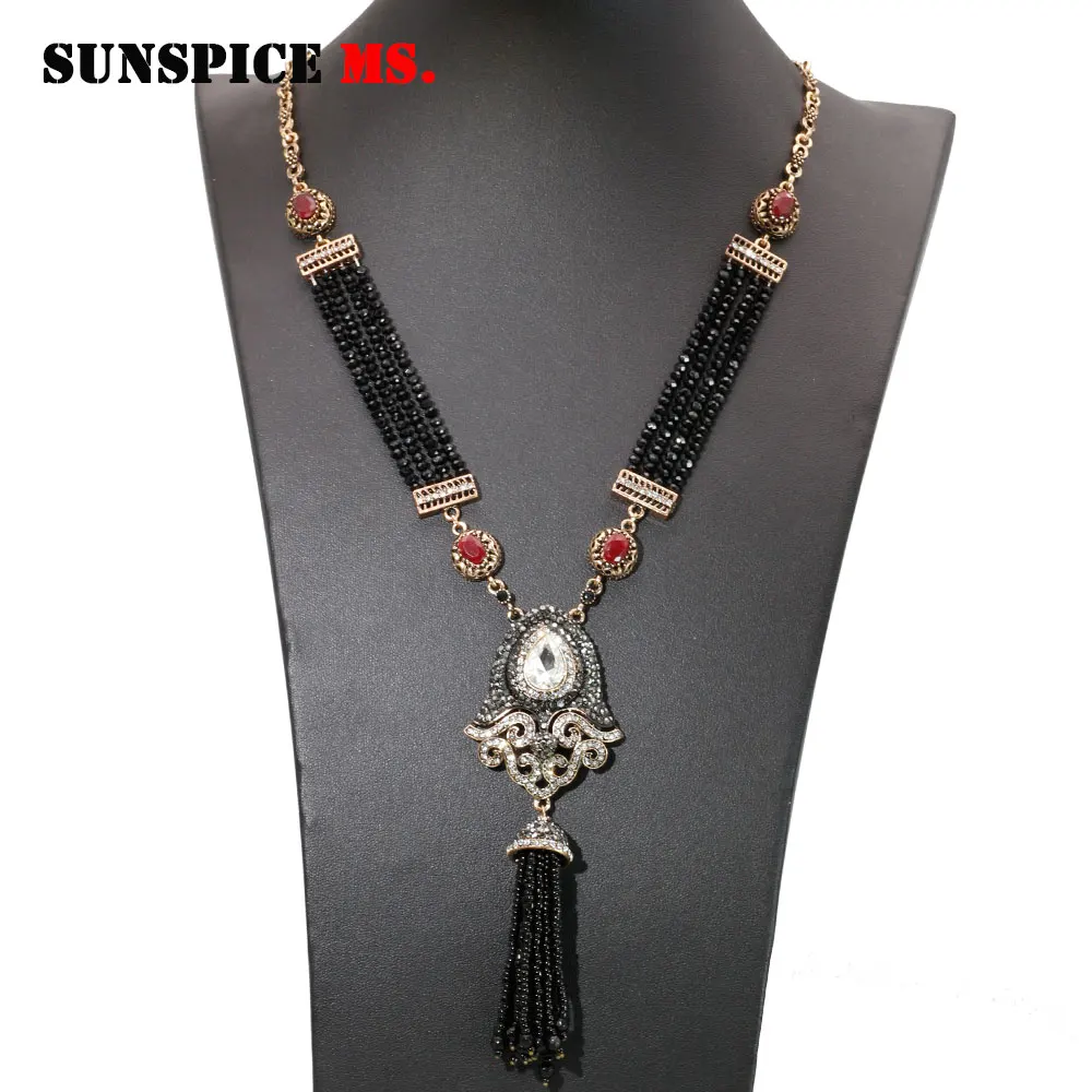 

SUNSPICE-MS Handmade Bead Pendant Necklace For Women Full Rhinestone Nigerian Wedding Jewelry Long Natural Stone Chain Boho Gift