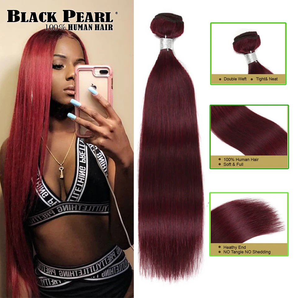 

Black Pearl Pre-Colored Hair Weave Wine Red Human Hair Bundles 4PCs Remy Brazilian Straight Hair Extensions Hair Weft 99j