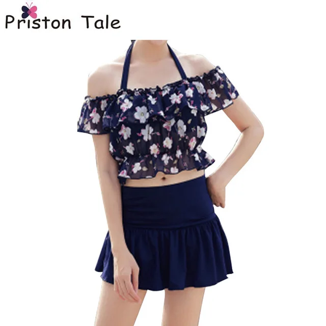 2017 New Girls Floral Print Chiffon Bikinis Set Beach Skirt 3pcs Set