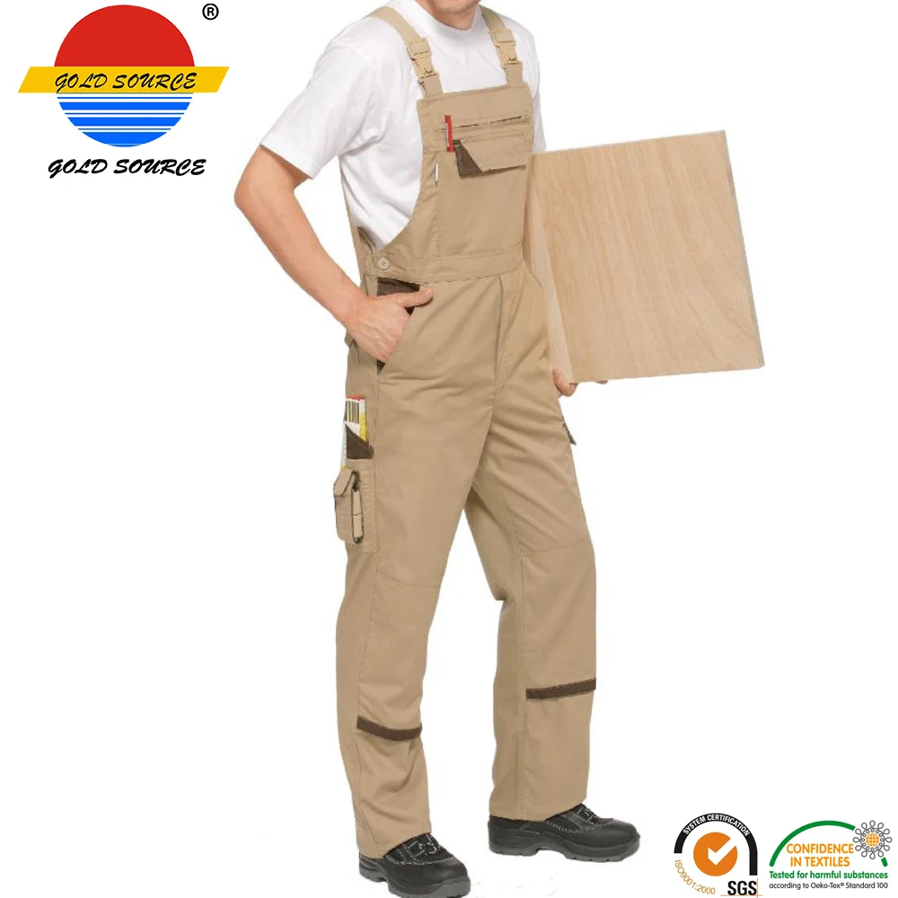 

Hot Sale Fashion Work Brace Pants Khaki White Mens Workwear Bib Overalls