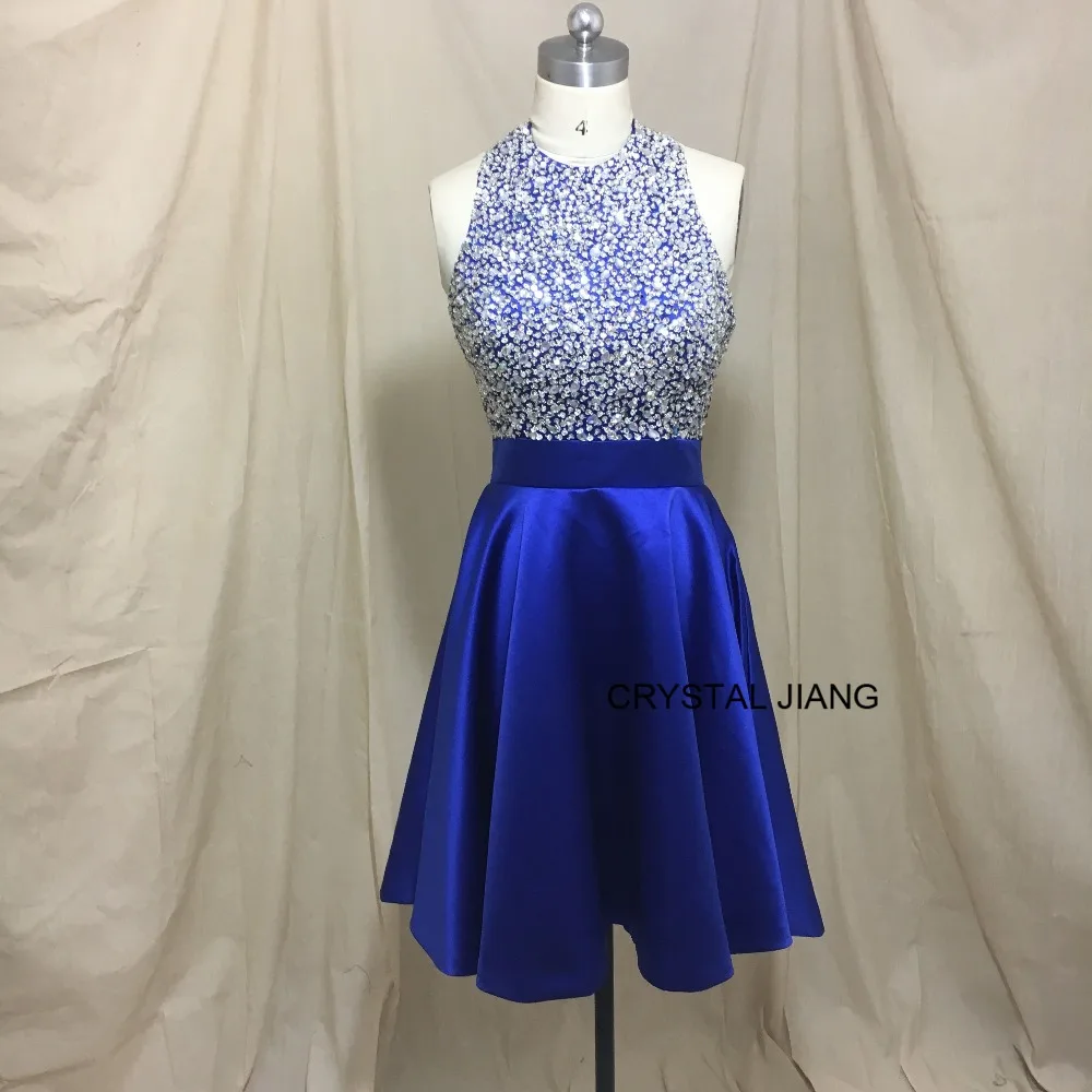 Hot Sale Cocktail Party Dress Robe cocktail Halter Heavy Beading Royal Blue Satin Sexy Open Back Short Mini Cocktail Dress