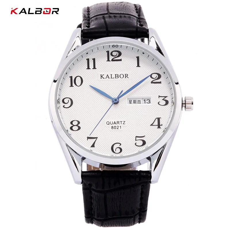 

KALBOR Brand luxury Watches Men Sport PU Leather Auto Date Week Display Waterproof Simple Quartz Men WristWatch Clock Male Watch