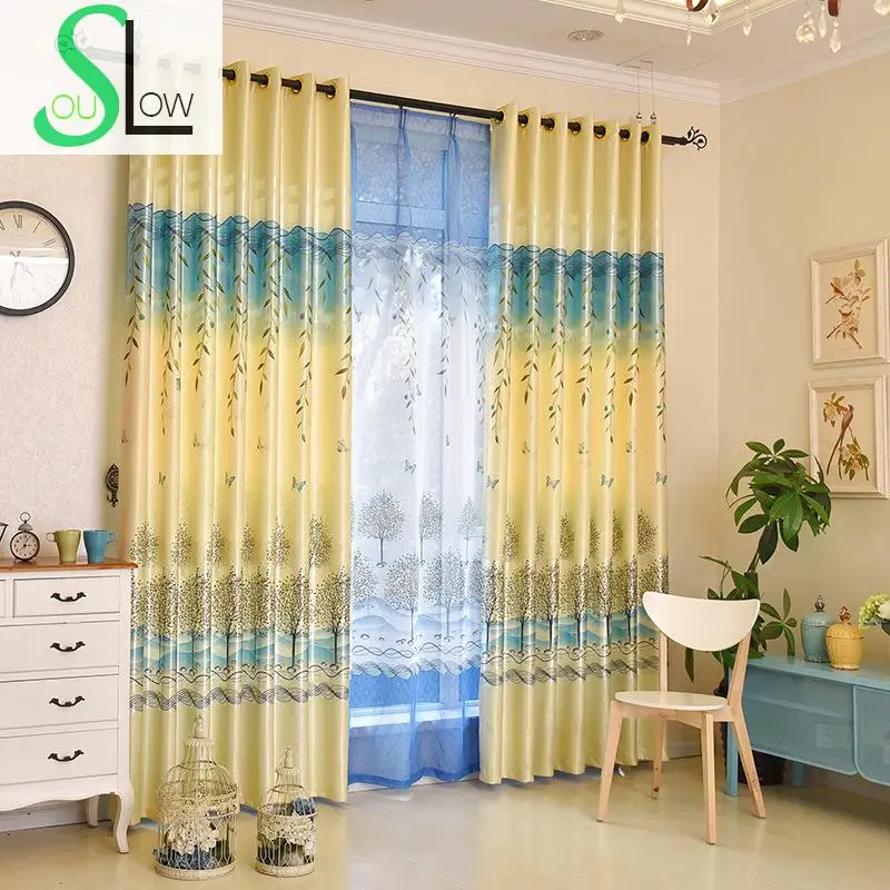 Slow Soul Yellow Blue Green Modern Tree Shade Curtain Pastoral Curtains