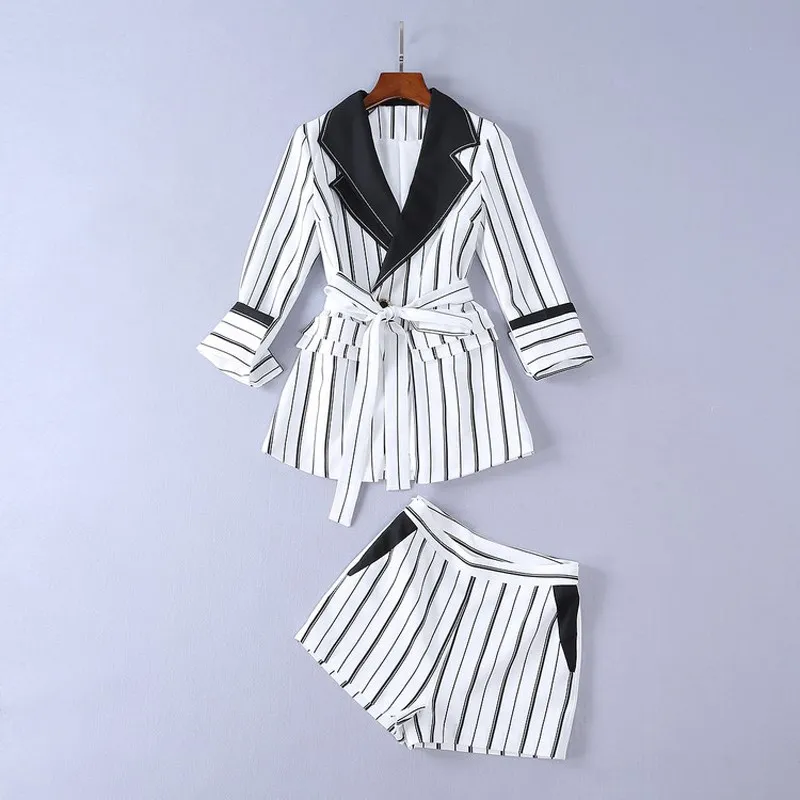 Women New Runway Designer Suit Sets Striped Blazer Suits 3/4 Sleeve Sash Elegant Office Blazer Shorts Suits