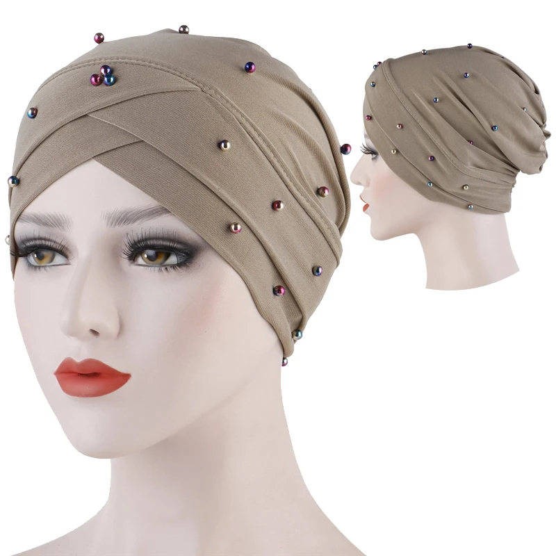 

2019 Fashion Muslim Headscarf Hats Solid Beads Inner Hijab Bonnet Handmade Linen Cross Turban Caps Islam Arab Wrap Head Hat