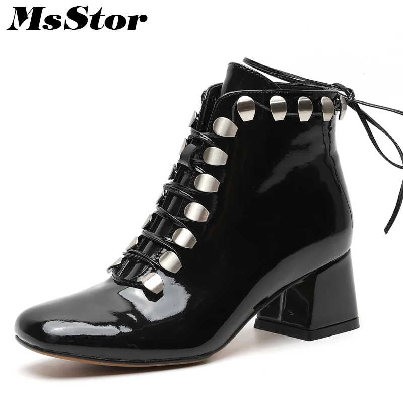 

MsStor Women Boots Metal Cross Tied Ankle Boots Women Shoes Square Toe Med Heel Black Boot Shoes For Girl Woman Brand Boots 2018