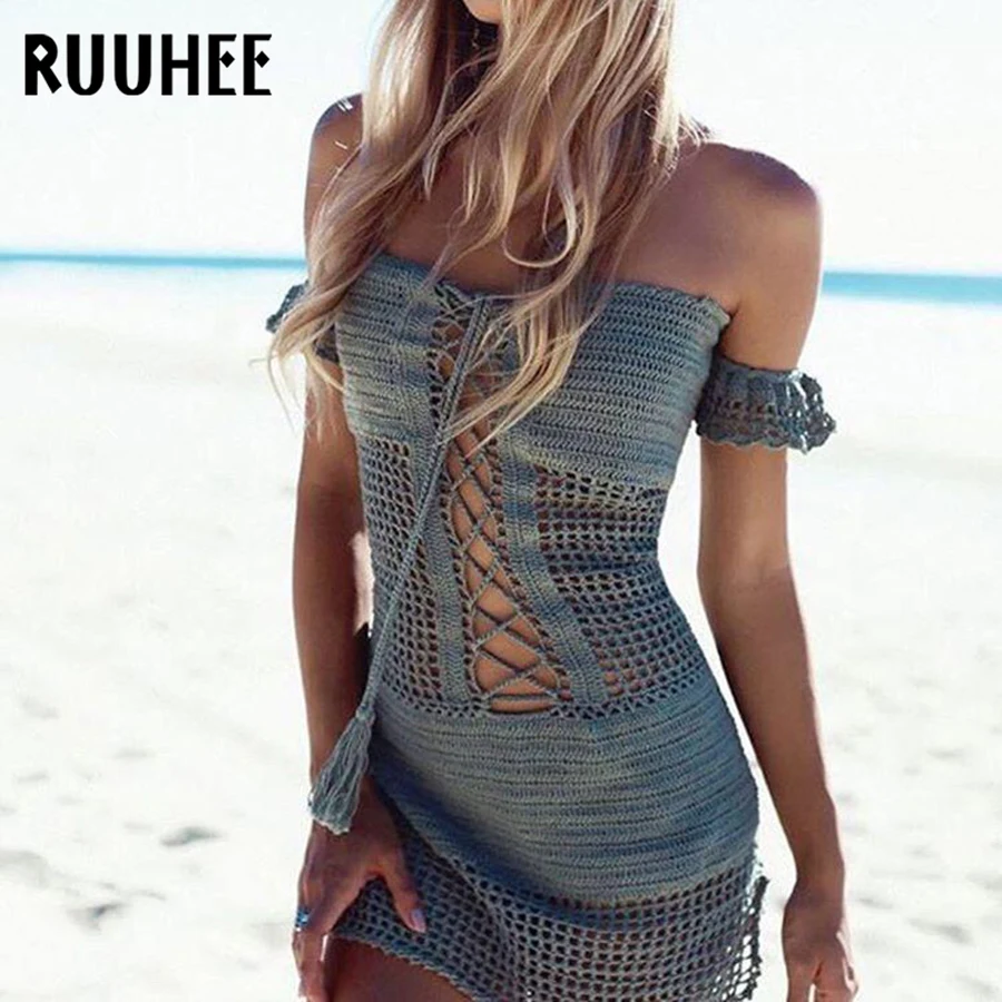 RUUHEE/женский сексуальный бикини, Пляжная накидка, накидки на купальник, купальный костюм, летняя пляжная одежда, трикотажный купальник, Сетчатое пляжное платье