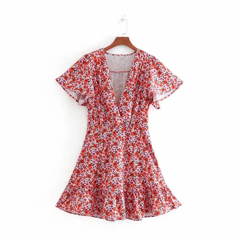 

2019 new women deep v neck flower print hem ruffles mini dress ladies chic short sleeve vestidos casual slim dresses DS2163
