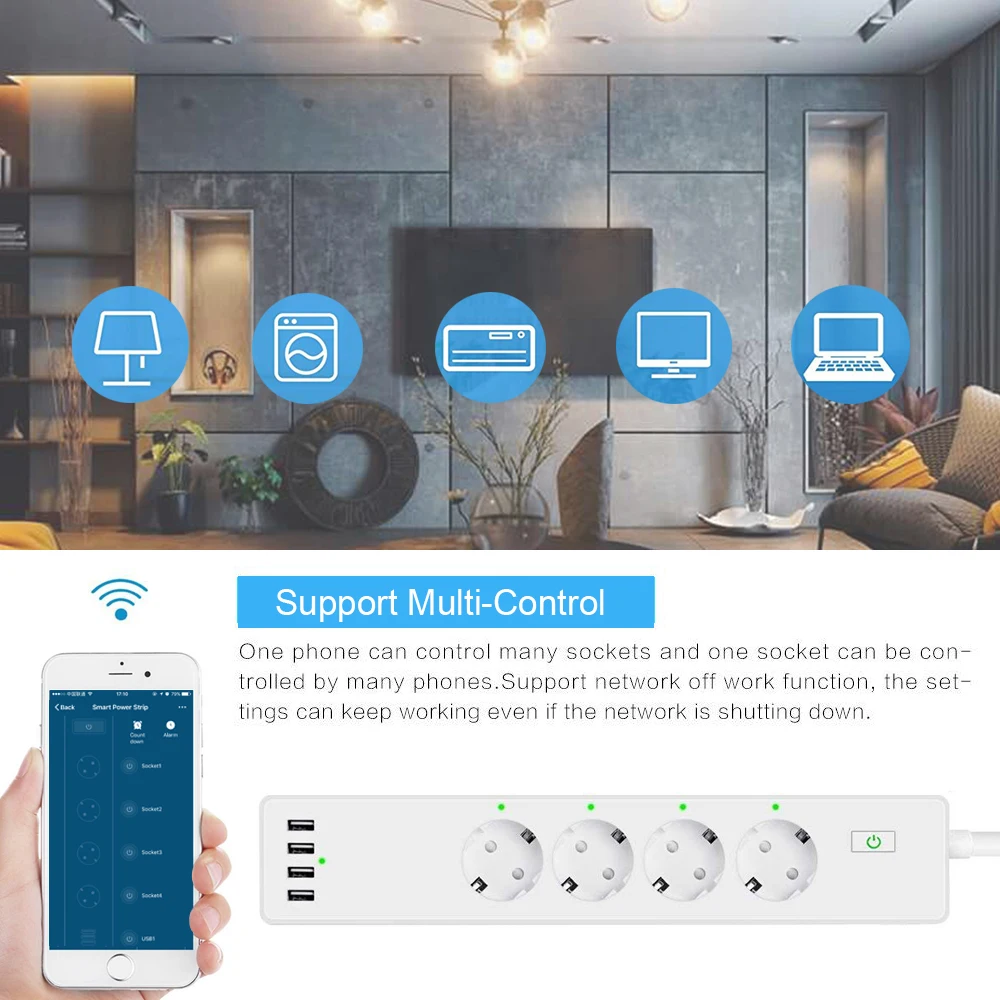 Французский стандарт WiFi умная полоса питания с 4 гнездами usb порта совместим Alexa