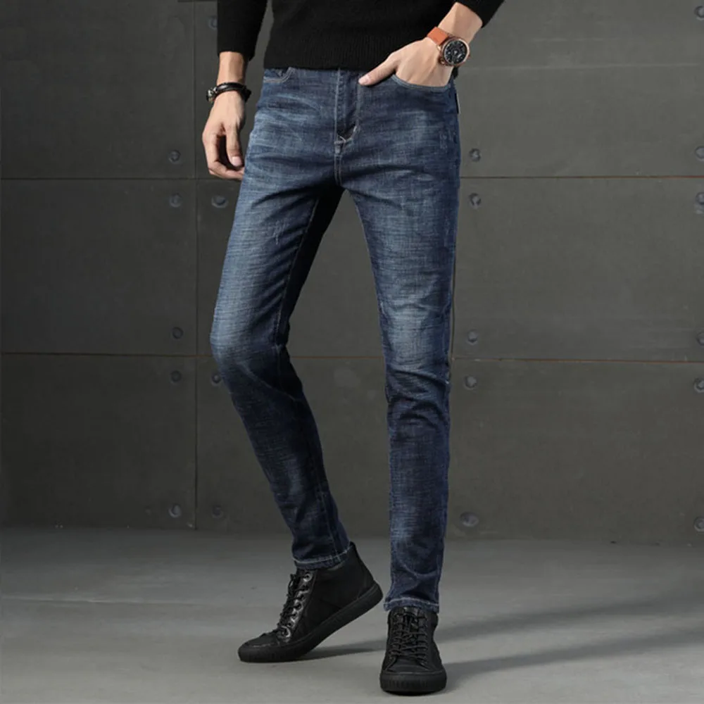 

AudWhale Men Straight Jeans Casual Mid Waist Men's Cotton Denim Pants Full Length Solid Male Jeans Pants