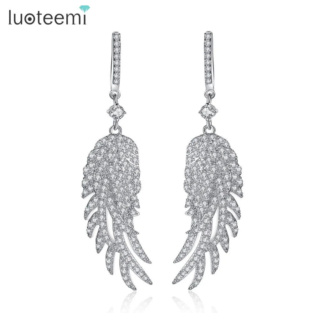 LUOTEEMI Fashion Long Drop Earrings with Stones Angel Wings Large Big Brincos Micro Paved CZ Ear Clip Wedding Jewelry