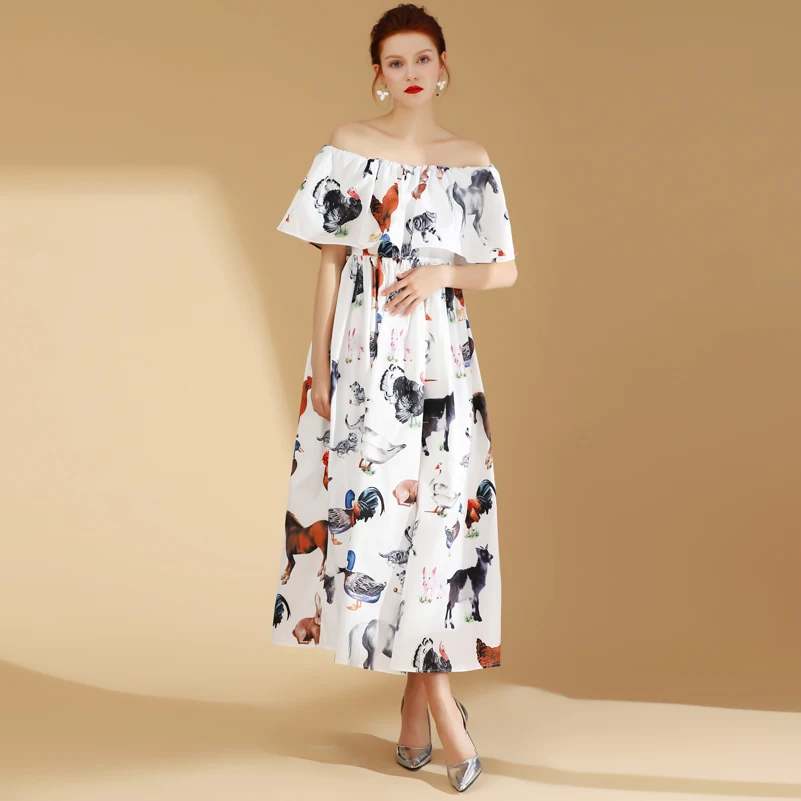 

High quality new designer Runway summer long dress Women Off the Shoulder Sexy Slash neck Animal Print Vintage Beach Maxi Dress
