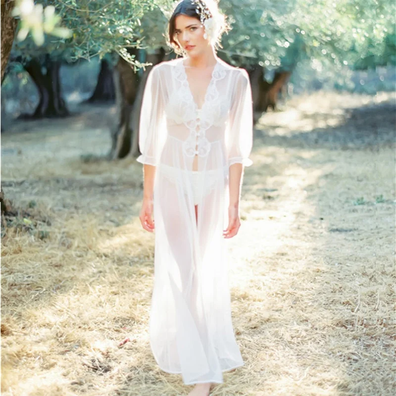 

NODELAY Sexy Chiffon Bikini Cover Up Women Flower Transparent Loose Beach Dress White Long Robe Bathing Suit Cover Ups Kaftan
