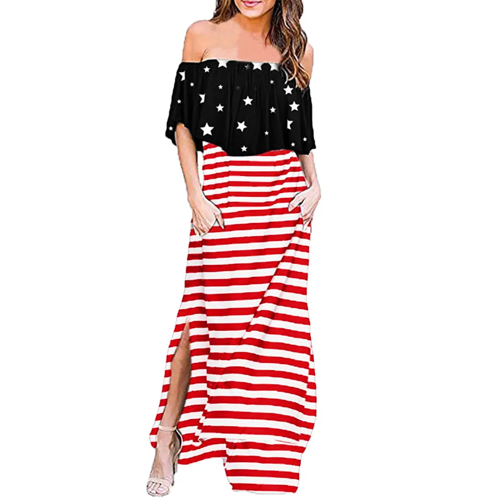 

vestidos Summer Dress Fashion Women American Flag ruffle Printed Off Shoulder T-Shirt Short Sleeve Sequin Blouse