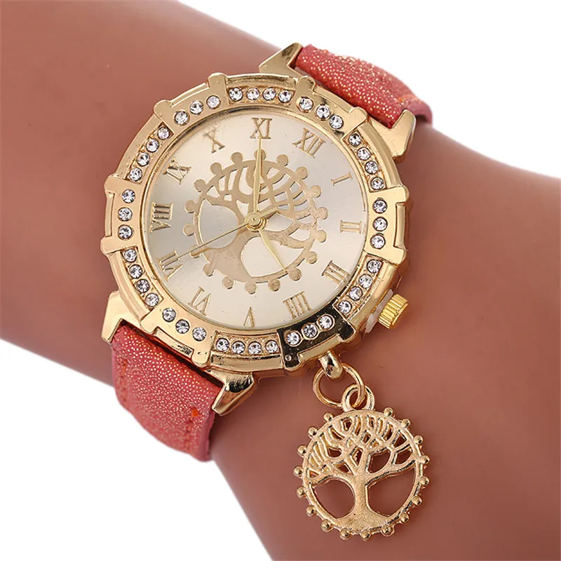 

Luxury Brand Cute Bracelet Ladies Watch Women Watches Leather Fashion Female Vintage Tree Pattern Quartz Watch 100pcs/lot