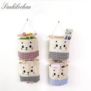 

Wall Sundry kitten Fabric Cotton Pocket Hanging Holder waterproof Storage Bag Rack makeup Cosmetic organizer storage basket box