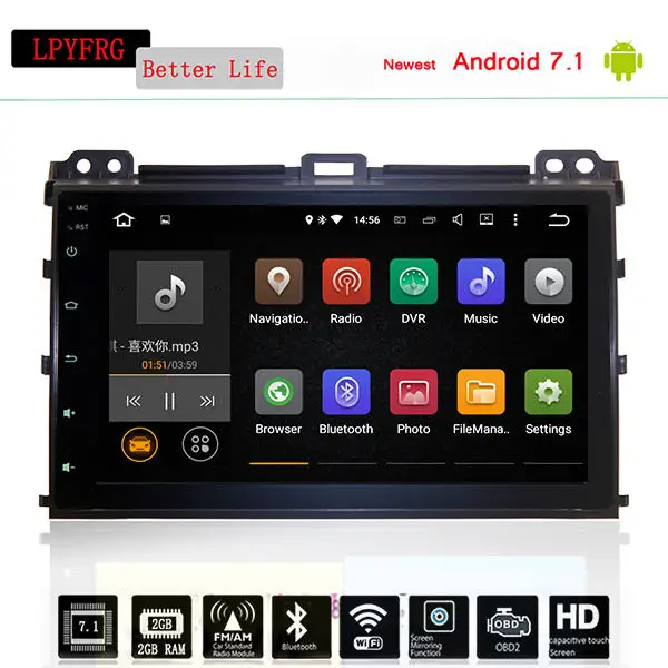 Автомобильный DVD плеер Prado 2 Din android 10 ОЗУ 4G экран 9 дюймов 1024*600 GPS навигация для Toyota
