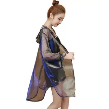 

Women Korean Thin Jacket Fashion Shiny Illusion Medium Long Perspective Coats Ladies Summer Beach Hooded Harajuku Windbreaker