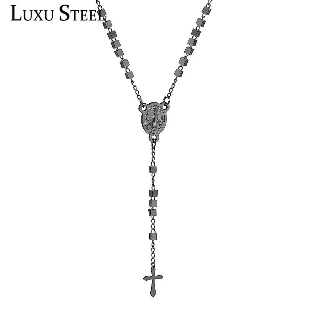 

LUXUSTEEL Jesu Cross Necklace Stainless Steel Black/Gold Color Geometry Link Chain Necklace Fashion Religious Jewelry Rosary