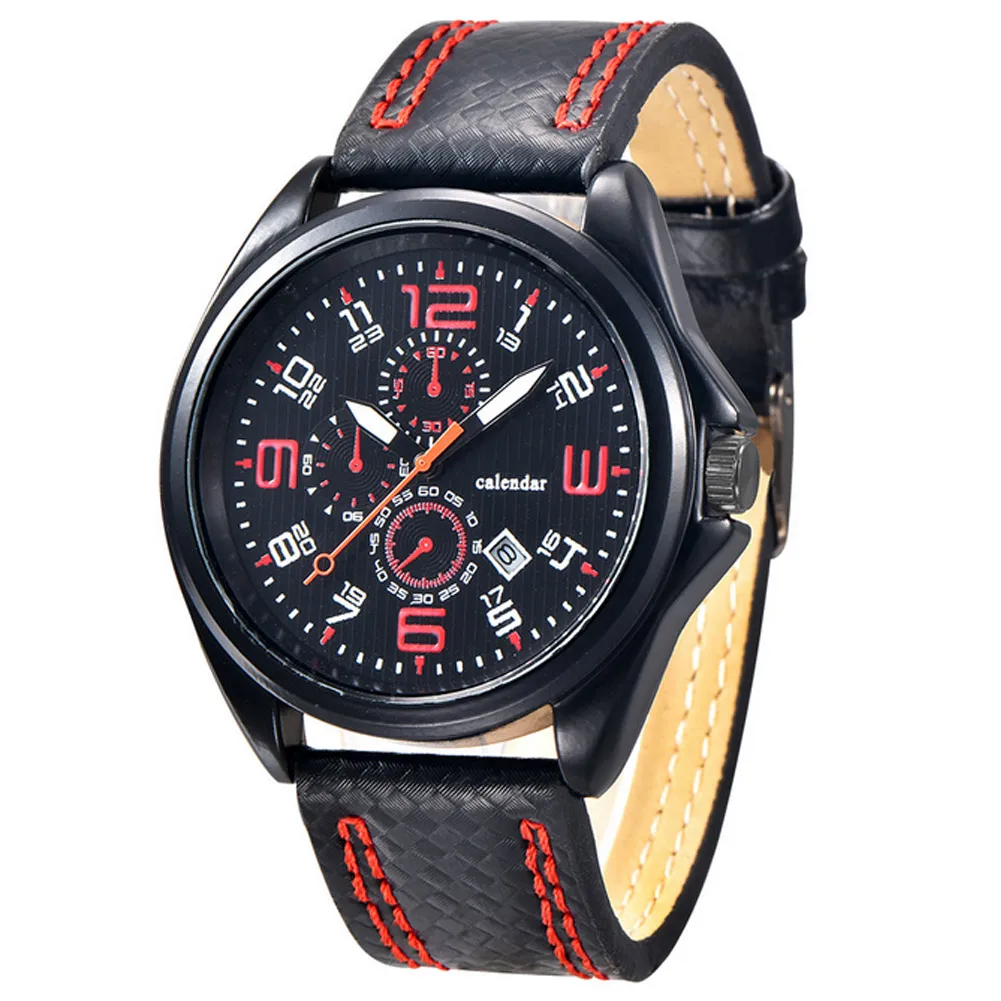 

Men Sport Watch Military Date Clock PU Leather Strap Analog Quartz Wristwatch 3 Dials Big Numbers Watch Gifts For Boy Men LL@17