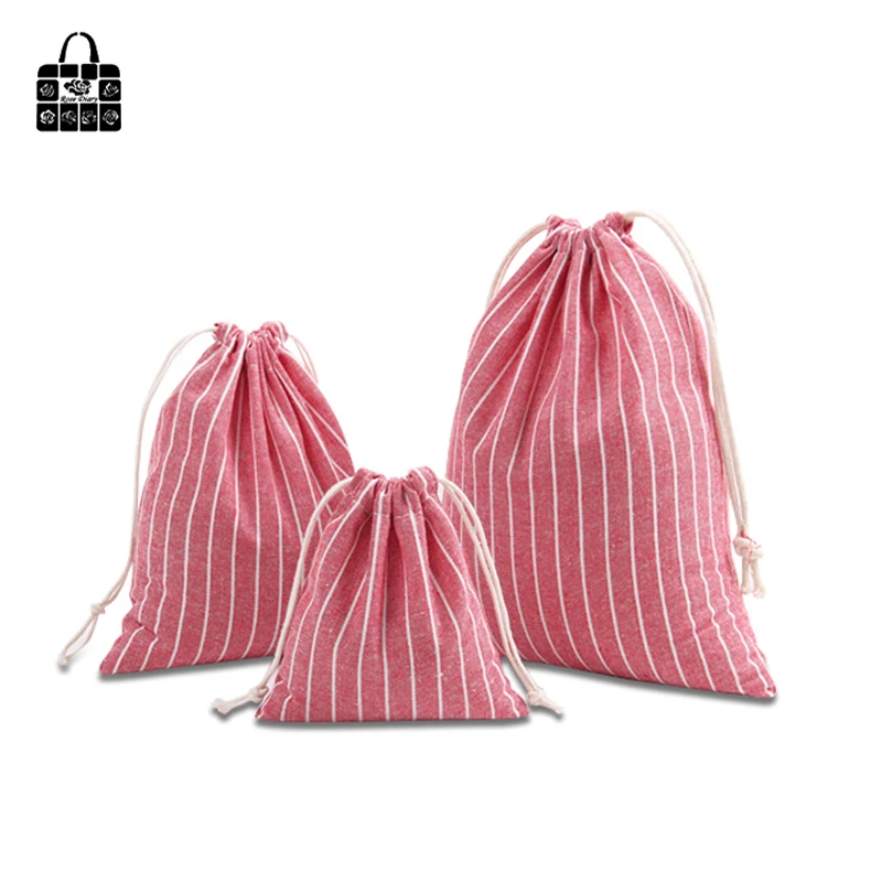 Rose Diary Simple Striped Pocket 100% Cotton Linen Pouch Travel Clothing Bunch Bag Portable Drawstring Pocket Organizers Bag
