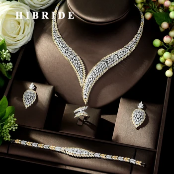 

HIBRIDE Elegant Cubic Zircon 4pcs Necklace Jewelry Set Leaf Design Wedding Bridal Set for Lady Party Dress Bijoux Femme N-1022