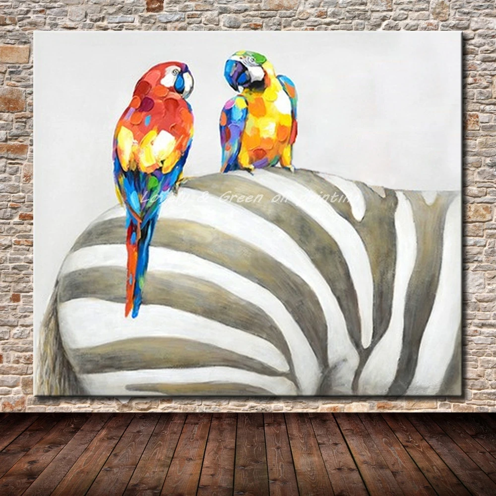 Hand Painted Canvas Paintings Hand Made Parrot And Zebra Animal Oil