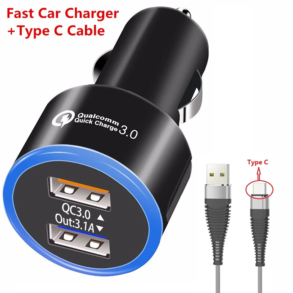 

Dual 2 USB Car Charger Fast Adapter Quick Charger QC3.0 Type C Data Cable For Samsung Galaxy S8 S9 plus Note 8 Meizu MX6 Pro 5 6