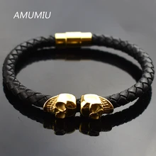 AMUMIU известный бренд черный натуральная кожа двойной скелет череп браслет для мужчин подарок магнит панк рок ювелирные изделия HB091