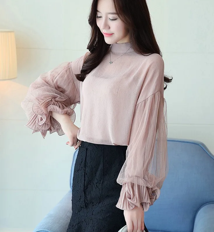 Женская шифоновая блузка с рукавами фонариками и круглым вырезом|chiffon shirt tops|chiffon