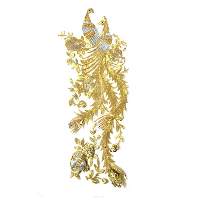 Large Size Golden Phoenix Embroidered lace Applique Fabric Wedding Dress Accessories DIY Sew
