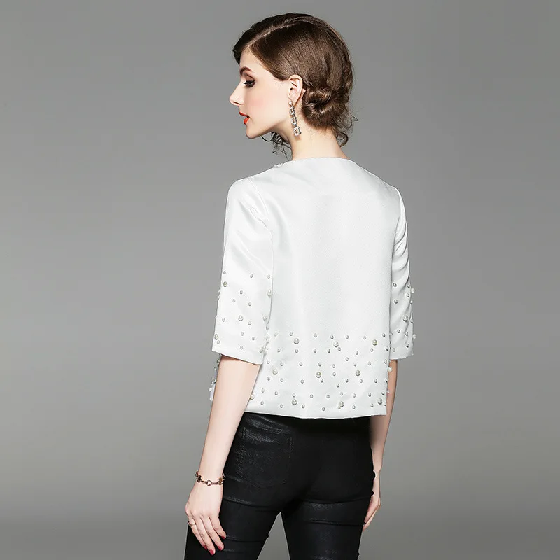 DUOUPA White Office Lady Solid Pearl Embellished Round Neck Jacket Autumn Workwear Casual Women Coat And Outerwear DUOUPA White Office Lady Solid Pearl Embellished Round Neck Jacket Autumn Workwear Casual Women Coat And Outerwear