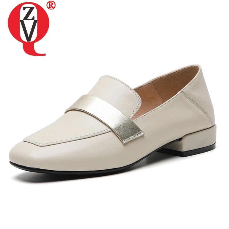 

ZVQ shoes women spring new concise casual high quality genuine leather square toe women pumps outside comfortable slip-on shoes