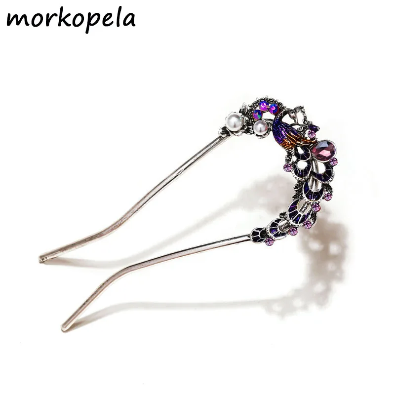 

Morkopela Chinese Style Peacock Enamel Hairpin Stick Women Banquet Rhinestone Hair Pins Banquet Bridal Hair Jewelry