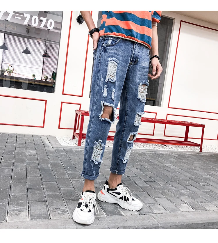 Летние новые джинсы мужские модные вымытые прямые трубки повседневные Рваные дыры джинсовые брюки мужские уличные хип хоп свободные