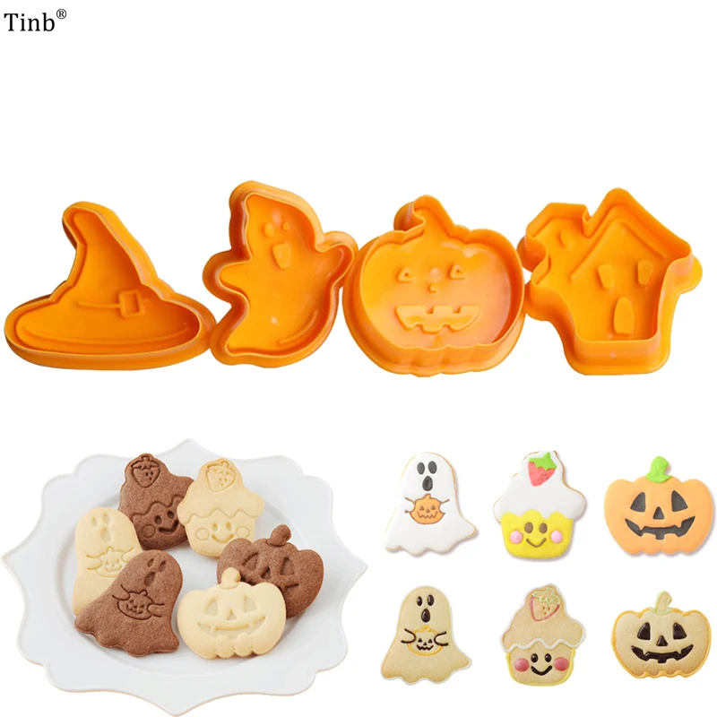 

Bakeware 4pcs Halloween Theme Plunger Biscuit Mold Cutter plastic cookie cutter Biscuit Stamp Mould Fondant Tool Pastry tools