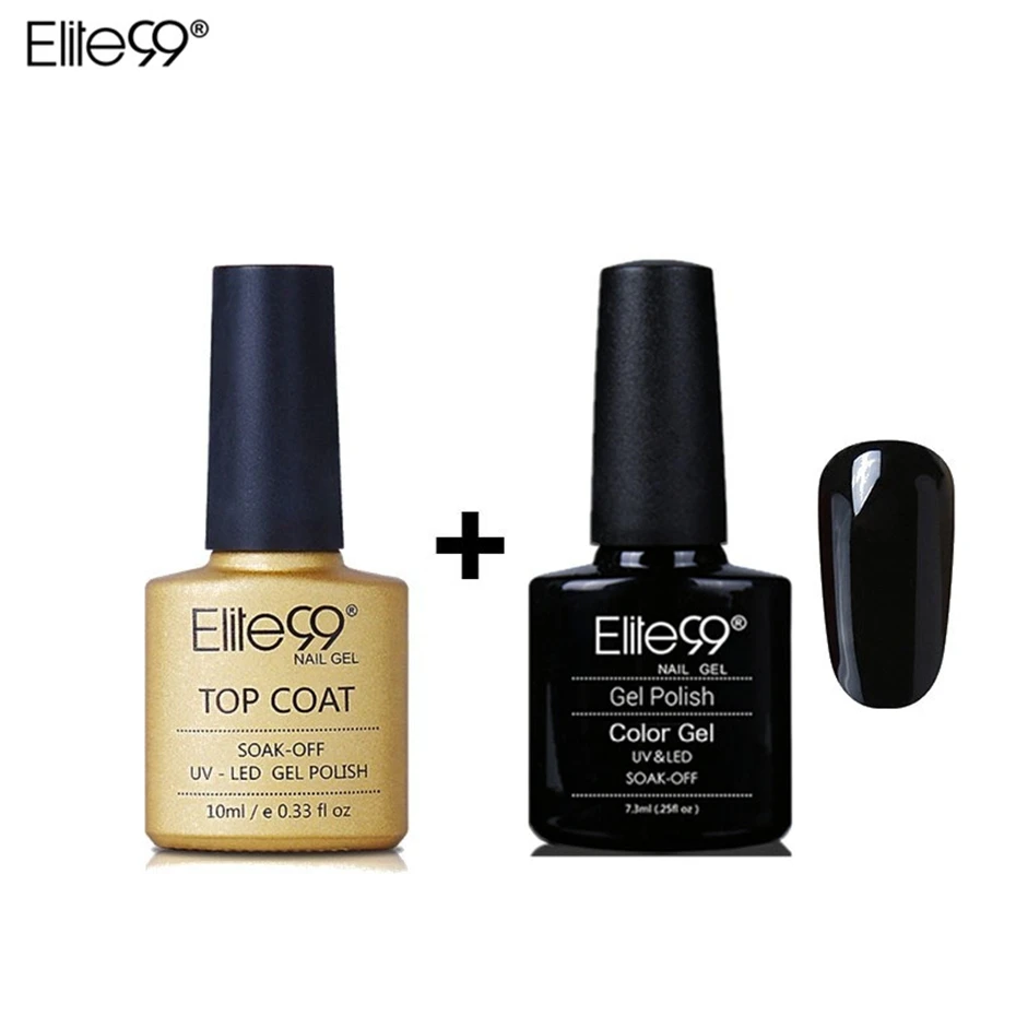 Elite99 10ml No Wipe Top Coat For Nail Gel Polish + 7.3ml Black Gel Polish Pure Color No Clean
