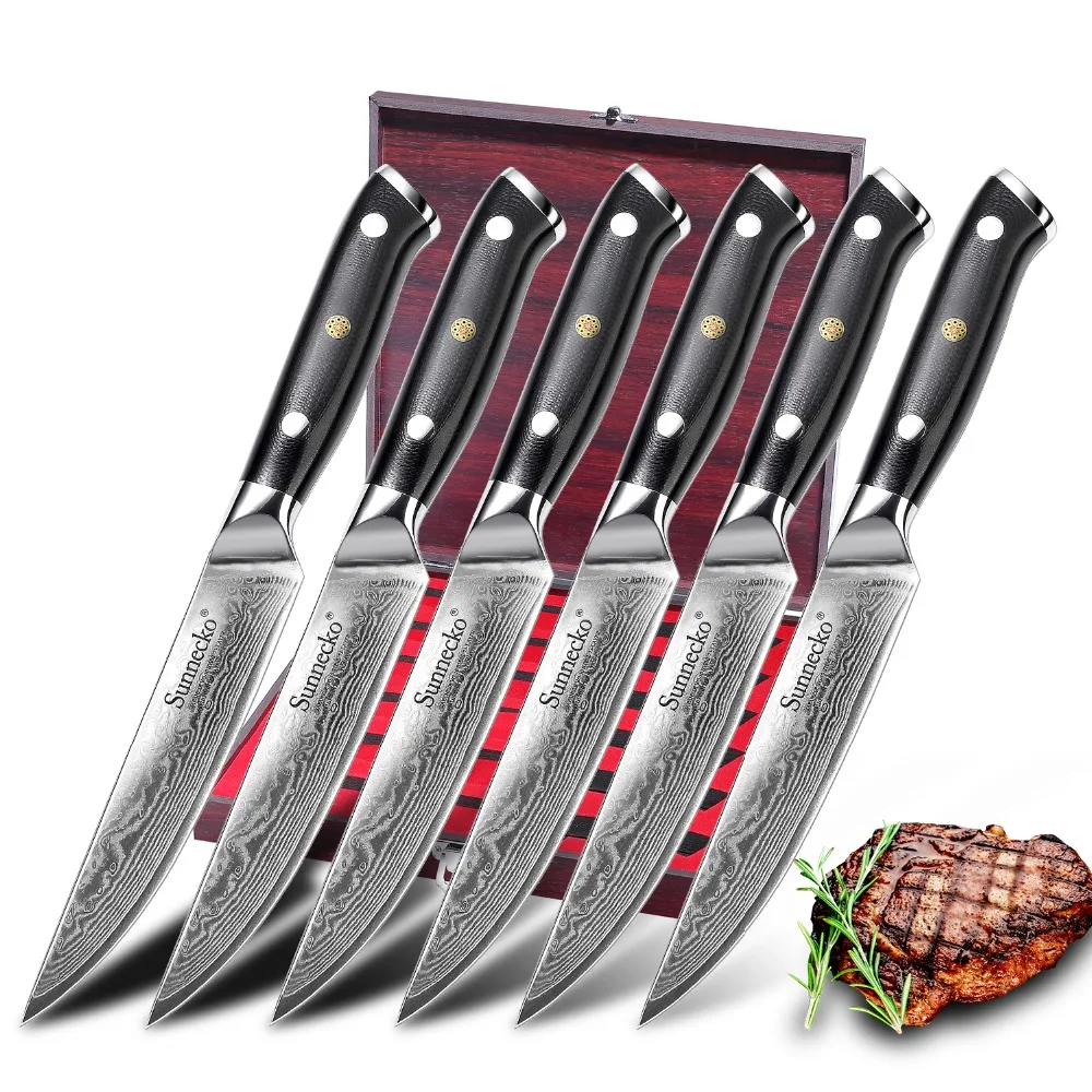 

SUNNECKO 6pcs Damascus Slicing Steak Knife Set Japanese VG10 Steel Table Dinner Party Knife Wood Gift Box Pork Meat Fish Knives