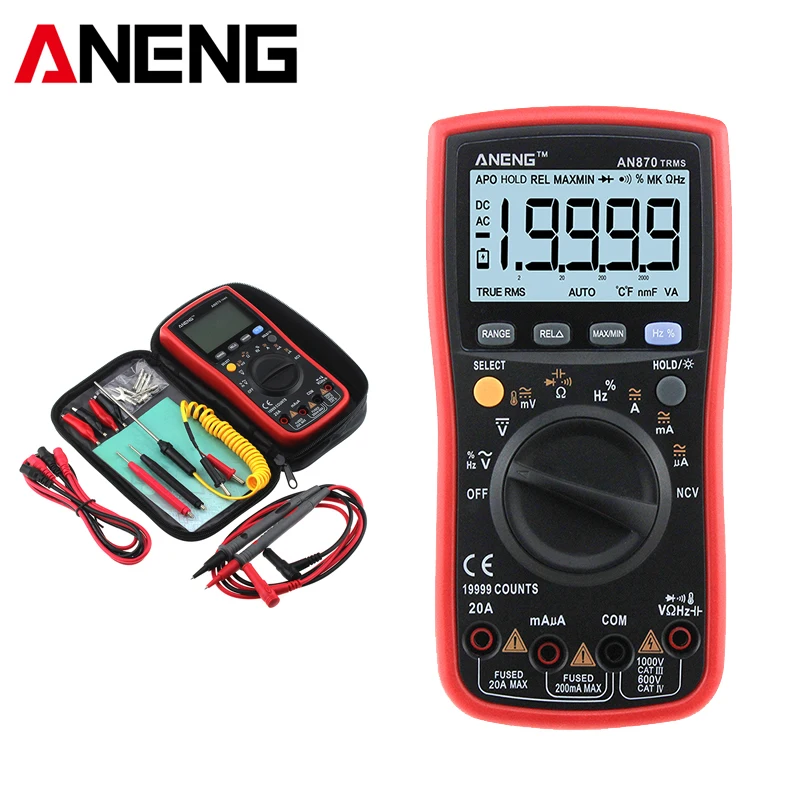 

AN870 Auto Range Digital Multimeter True RMS NCV Ohm Meter AC DC Voltage Ammeter Voltmeter Transistor Tester Lead Probe