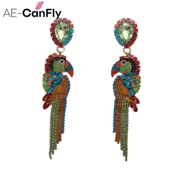 

AE-CANFLY Long Colorful Rhinestone Parrot Shape Crystal Taseel Earrings for Women Exaggerated Bohemian Shiny Women Earrings
