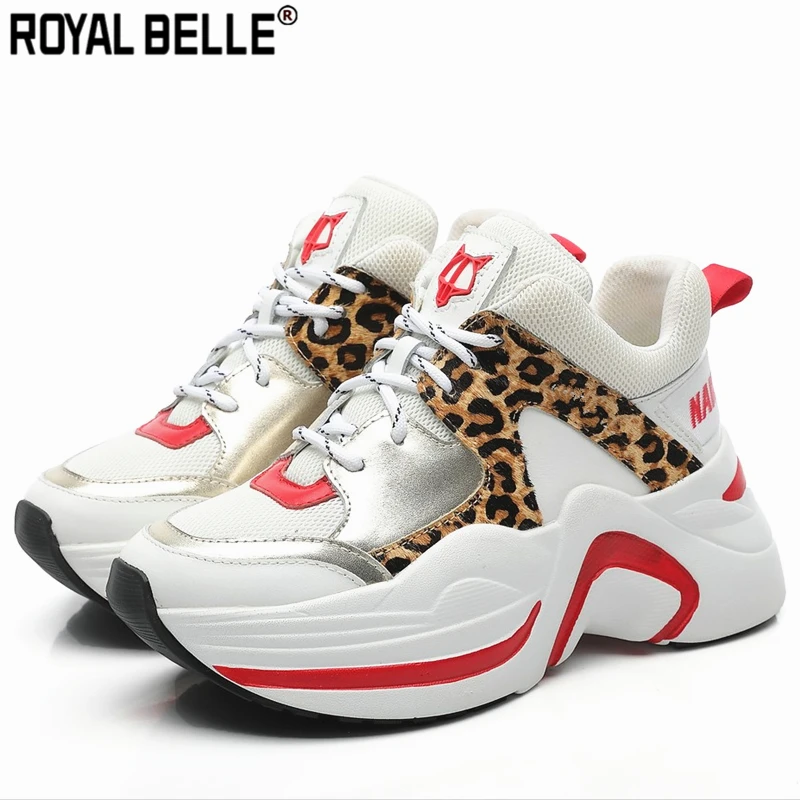 

Royal Belle Running Shoes Women Casual Sneakers Women Shoes Genuine Real Leather Leopard Print Thick Bottom Slip Females Shoes