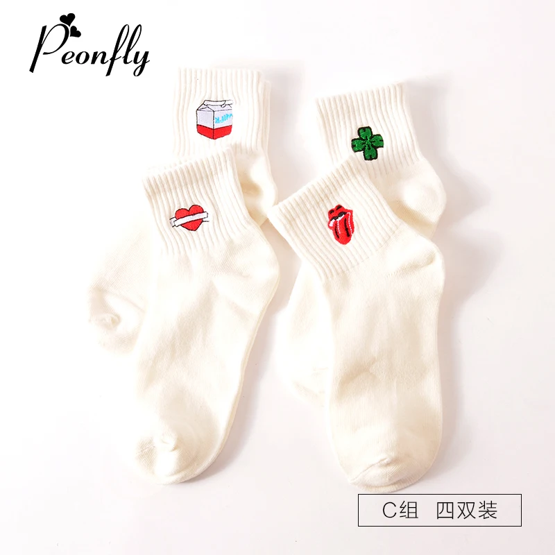 funny female Woman Socks women Japanese Concise Black And White Original Old Interest Cartoon Embroidery Pattern In Socks