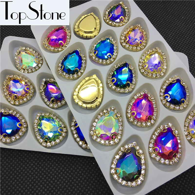 

High Quality Colors AB 18x24mm 15pcs Teardrop glass crystal rhinestone Handmade sew on Stone Gold Claw setting jewelry making