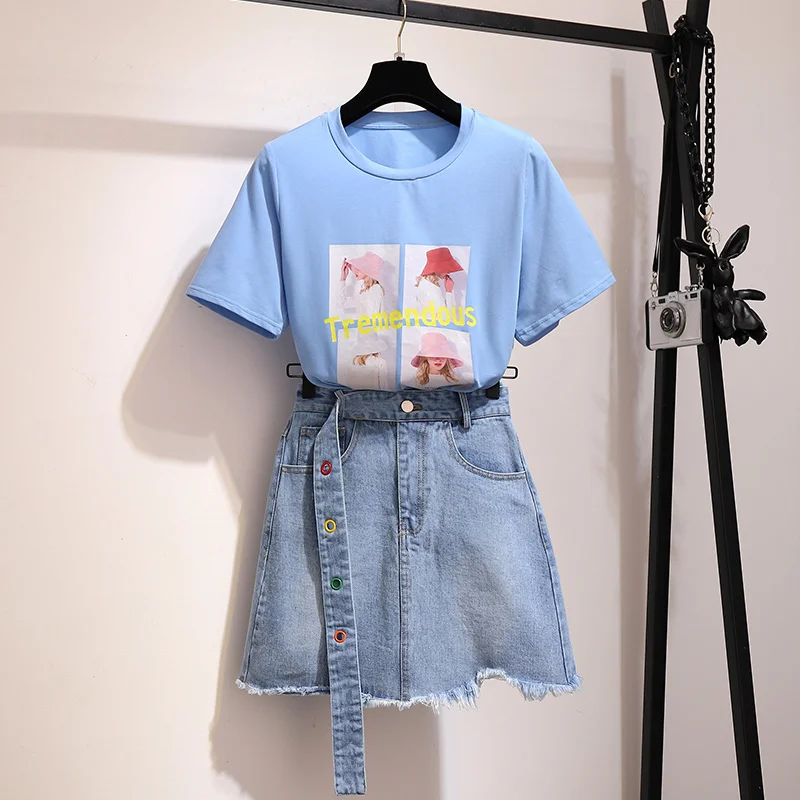 

Fashion Korean Summer Two Piece Set Women Printted Crop Tops + Tassel Mini Denim Skirt Set Belted Sweetsuit Outfit Woman Clothes
