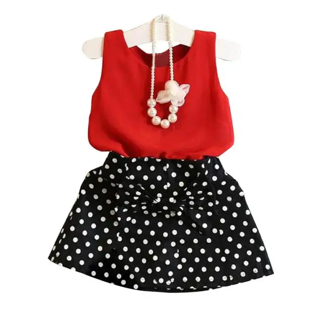 

Toddler Girls Clothes 2019 Hot Summer 2pcs Girls Vest Pleated Dress Set Children Clothes Wave point Short Skirt Suit 12M-6Y