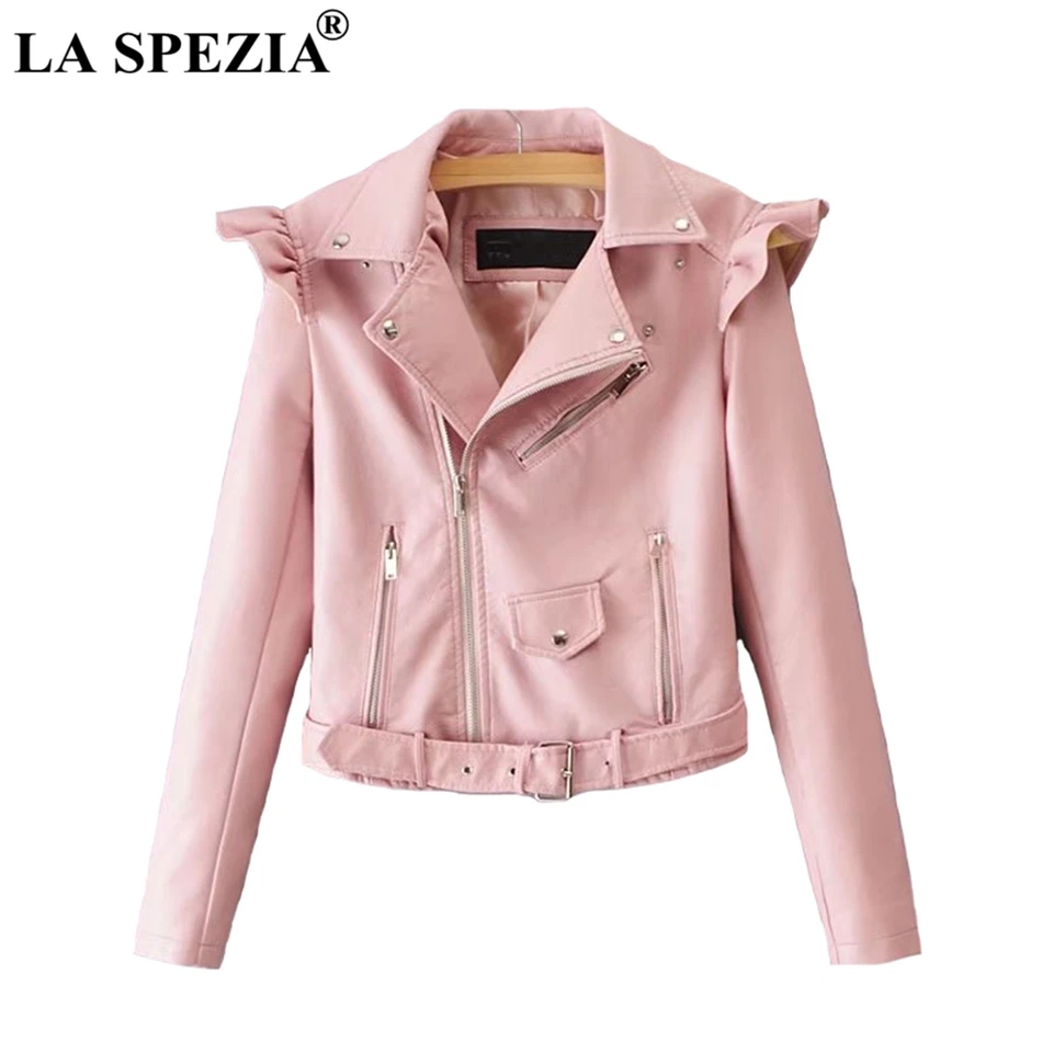 

LA SPEZIA Faux Leather Jacket For Women Pink Zipper Jacket Female With Belt Pockets Rivet Irregular Biker Motorcycle Autumn Coat