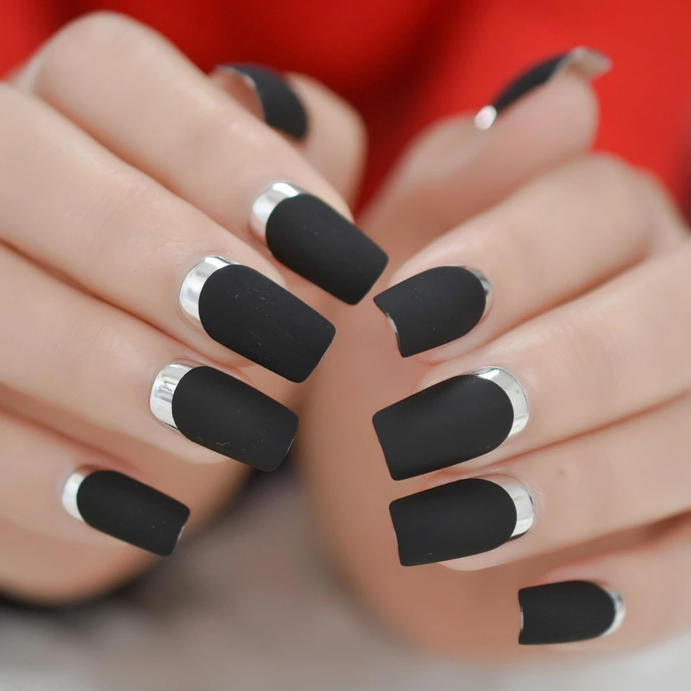 Средней длины матовые классические взрослые поддельные ногти французский черный квадратный Серебряный Предварительно Разработанный ногтей модный пресс на ногти