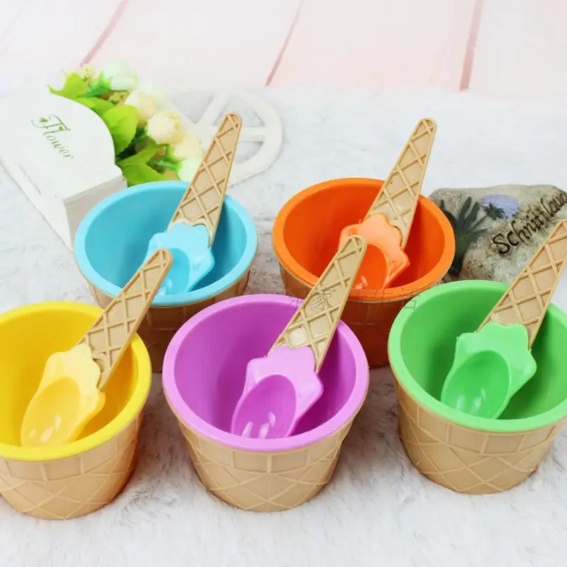 1pcs Children's Plastic Ice Cream Bowls Spoons Set Durable ICE Cream