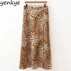 Винтажные юбки с принтом животных Женские сексуальные боковые разрезы эластичный пояс Высокая талия трапециевидная длинная леопардовая