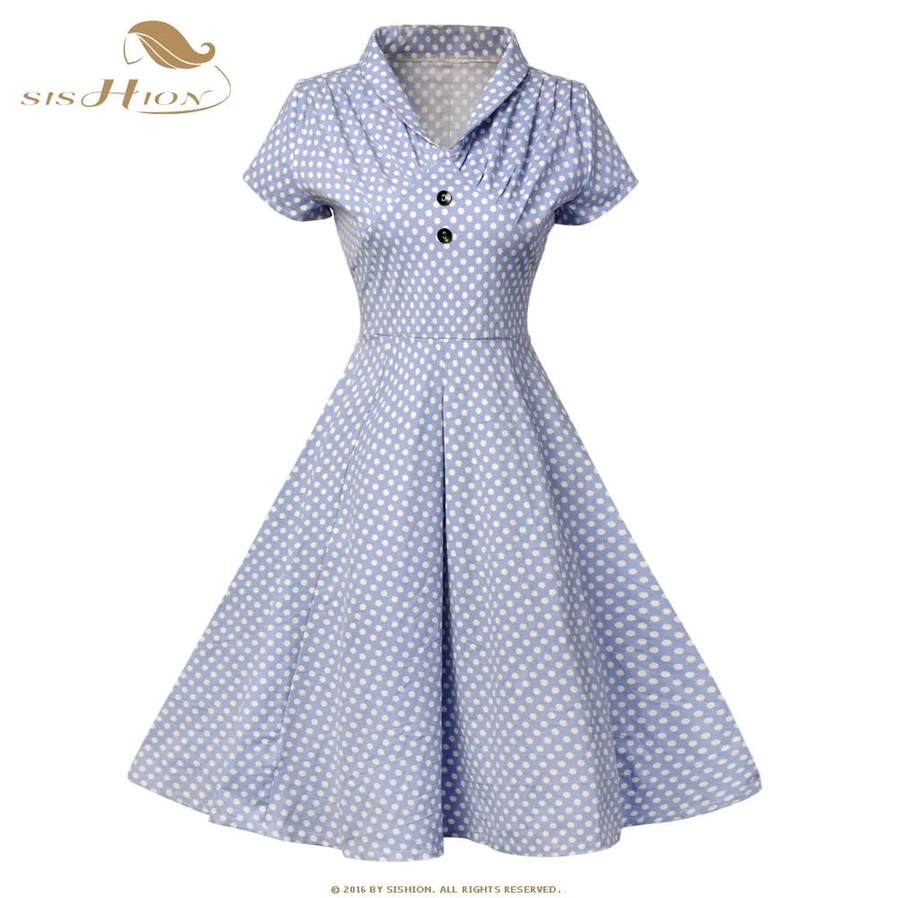 SISHION Polka Dot Dress Light Blue Red Short Sleeve Summer Retro Big ...